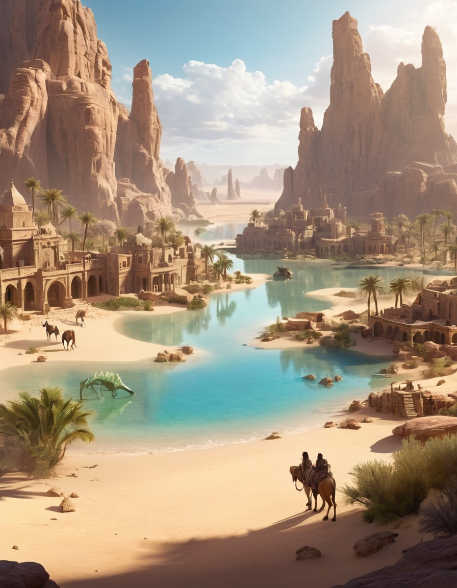 desert, oasis, mythical beasts, ancient ruins, fantastic