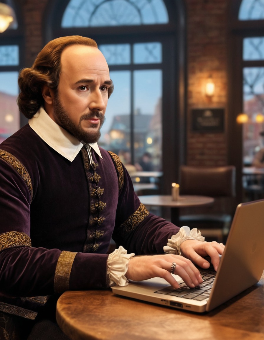 william shakespeare, laptop, coffee shop, writer, modern, technology, literature