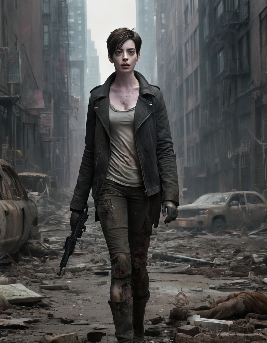 anne hathaway, zombie, post-apocalyptic, cityscape, horror, celebrities