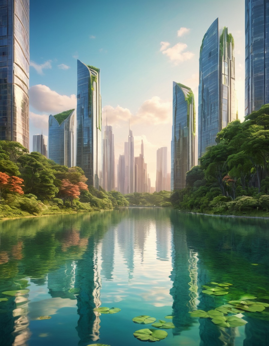 skyscrapers, reflection, lake, greenery, nature, city