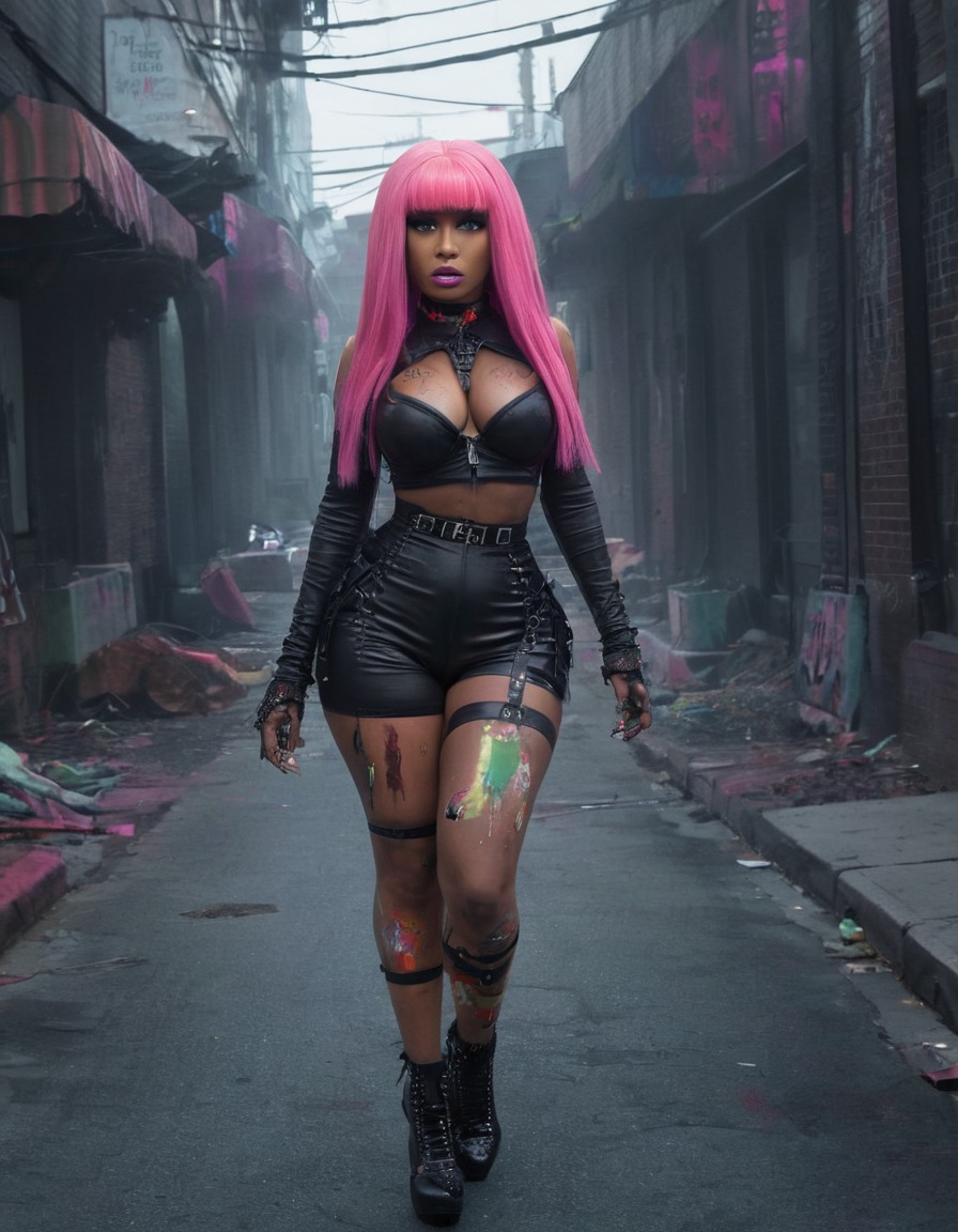 nicki minaj, colorful wigs, outfits, zombified, dark street, eerie, zombie, celebrities