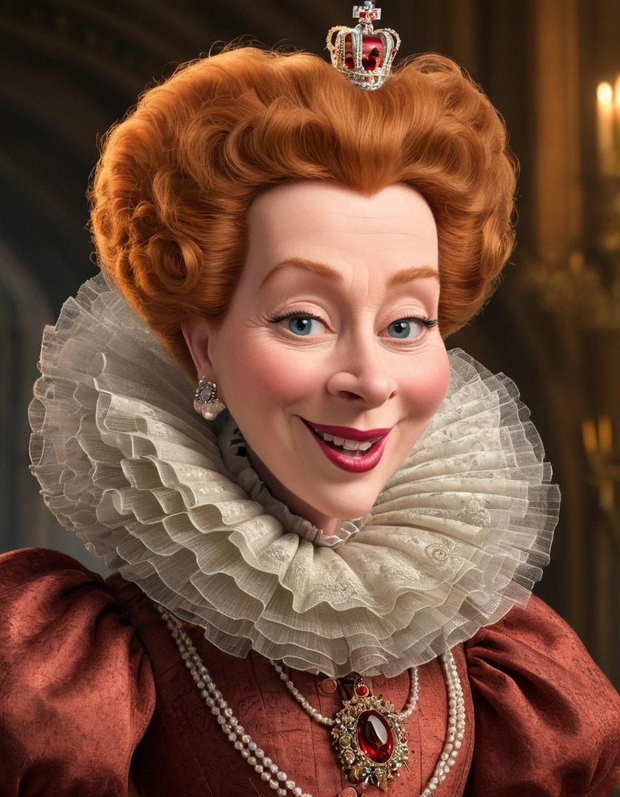 queen elizabeth i, caricature, ruffled collar, mischievous, historical, british monarchy, funny