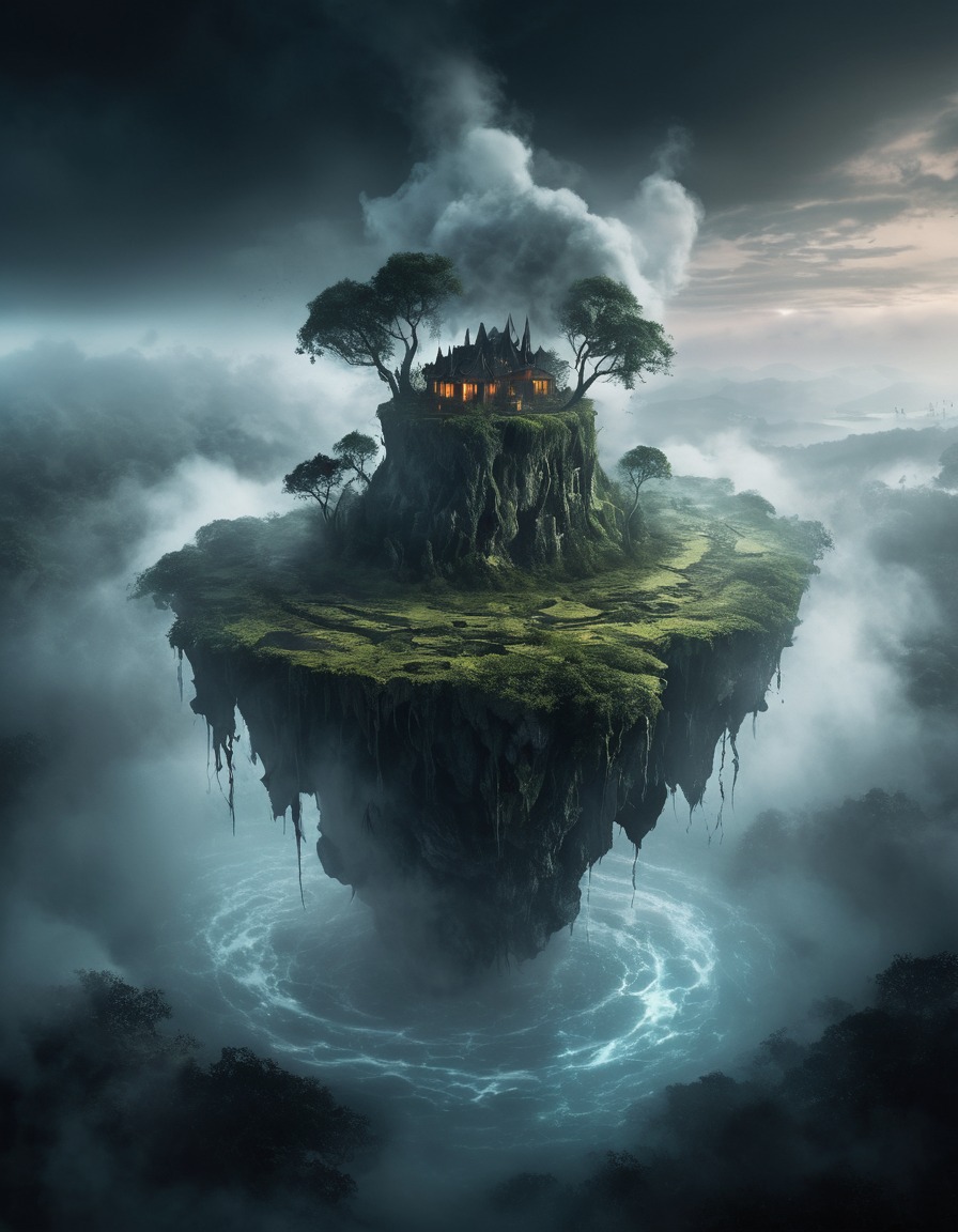 mystical, floating island, swirling mists, atmospheric, fantasy landscape