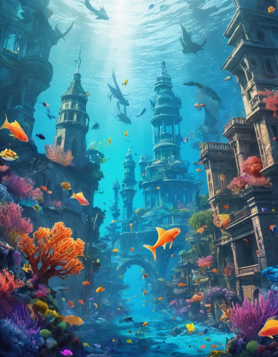 underwater, city, marine life, coral, sea creatures, fantastic