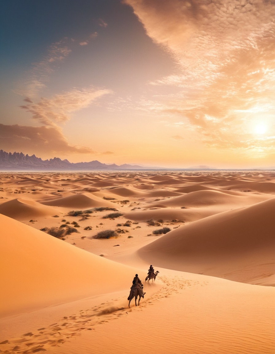 desert, sand dunes, oasis, nomadic tribes, mythical creatures, fantastic