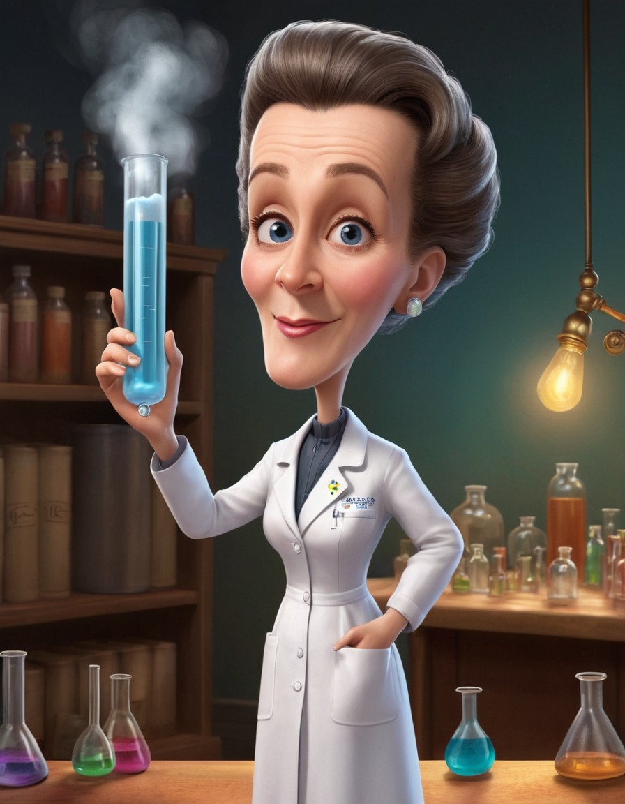 marie curie, caricature, lab coat, chemistry, science, humor, funny