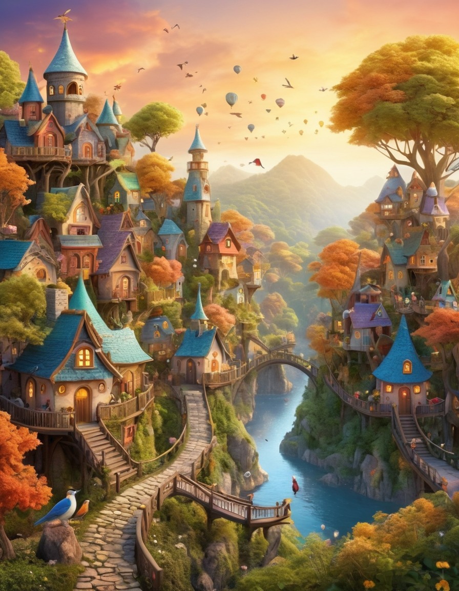 whimsical, village, treetops, fairies, birds, fantastic