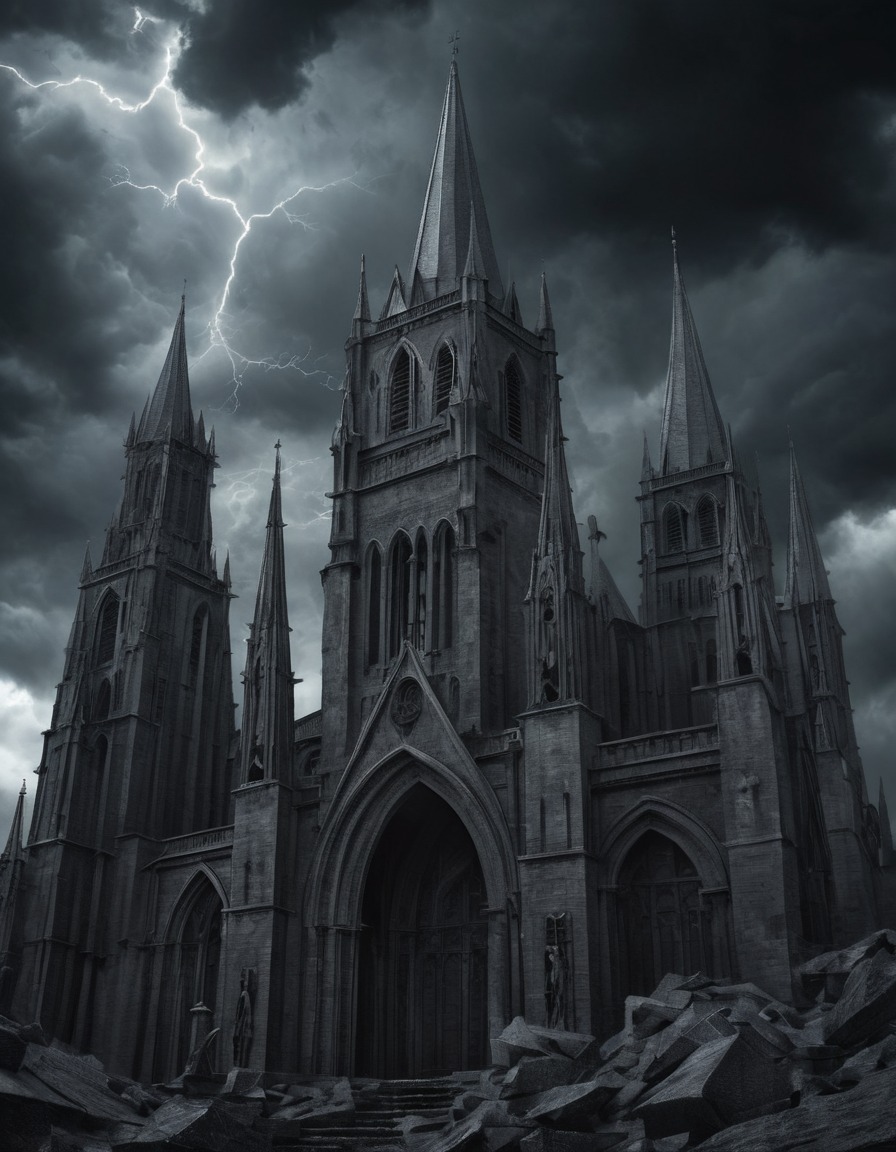 cathedral, architecture, gargoyles, storm clouds, gothic, underground, dark