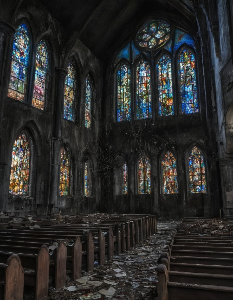 church, abandoned, decrepit, stained glass windows, gothic, underground, dark