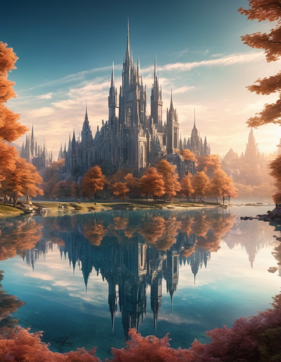 mirrored lake, city of gleaming crystal spires, fantasy scene, lake reflection, crystal architecture, magical city, enchanted landscape