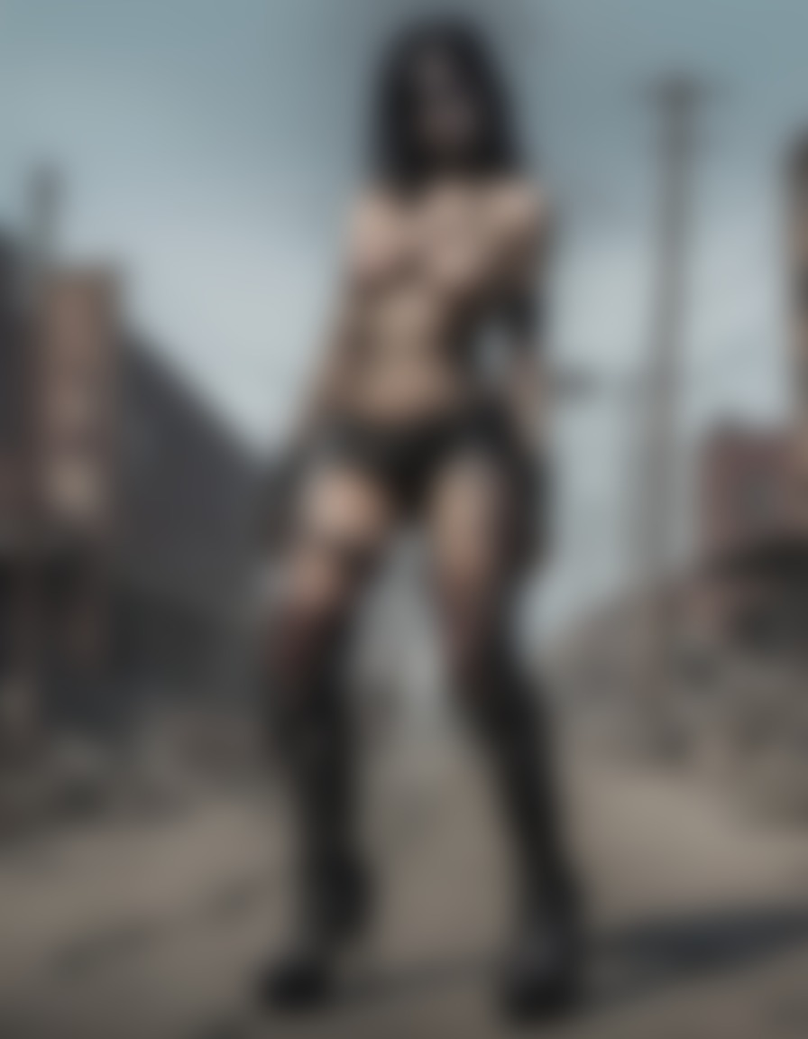 zombie, fishnet stockings, leather boots, post-apocalyptic city, nsfw