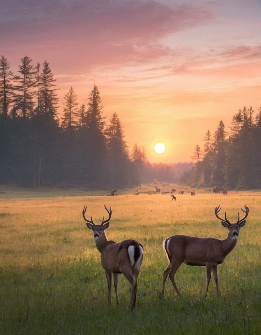 nature, wildlife, deer, meadow, sunset