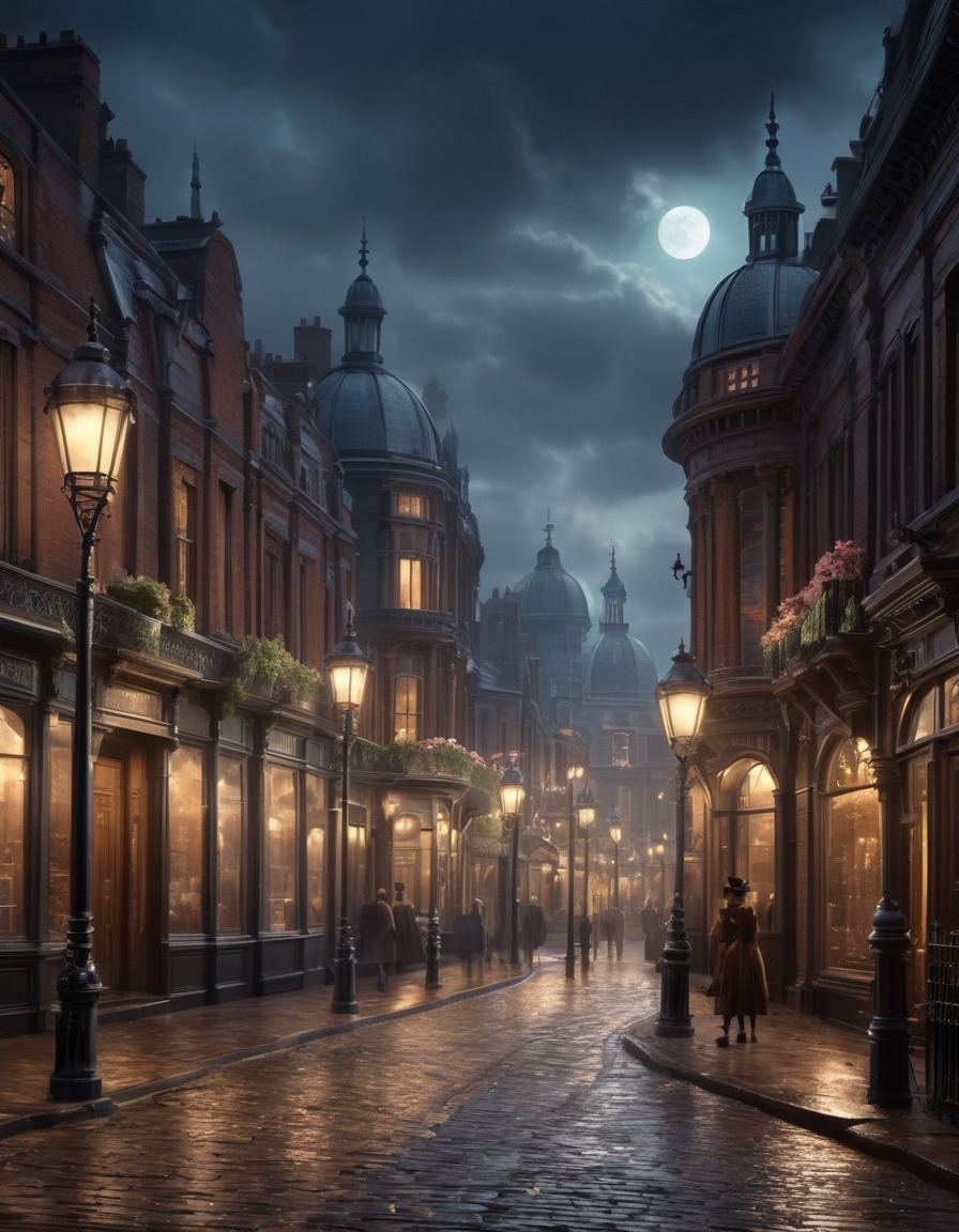 victorian, street, gas lamps, architecture, ornate buildings