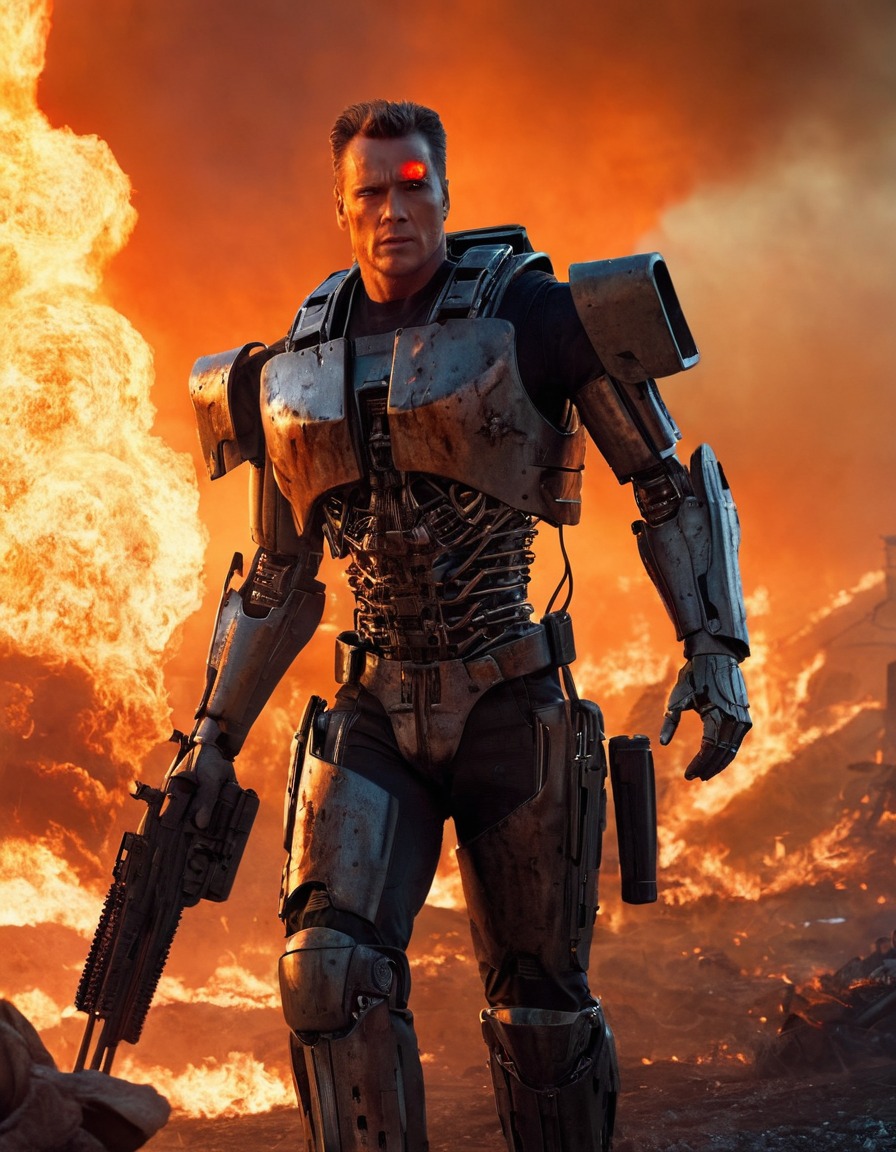 t-800, terminator, fiery battlefield, robots, games, movies