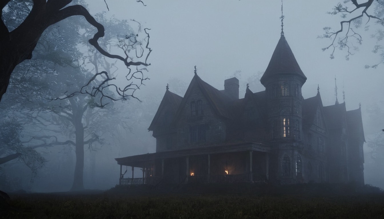 horror, architecture, gothic, creepy, ghost, spooky, fog, dreamup, digitalart, vintage, manor, mist, hauntingseason, ai_art