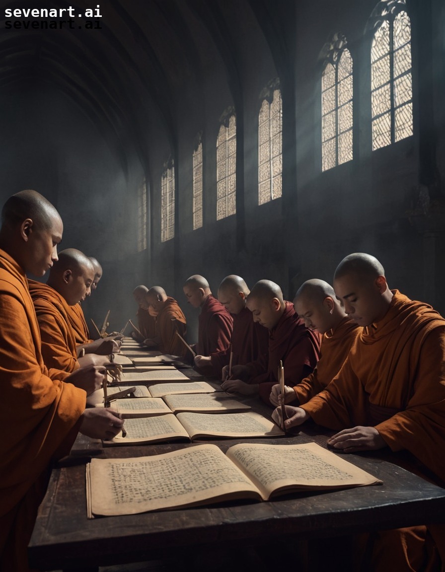 monks, transcribing, manuscripts, scriptorium, dimly lit, middle ages