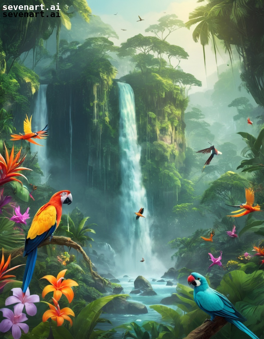 nature, rainforest, tropical, exotic birds, waterfall