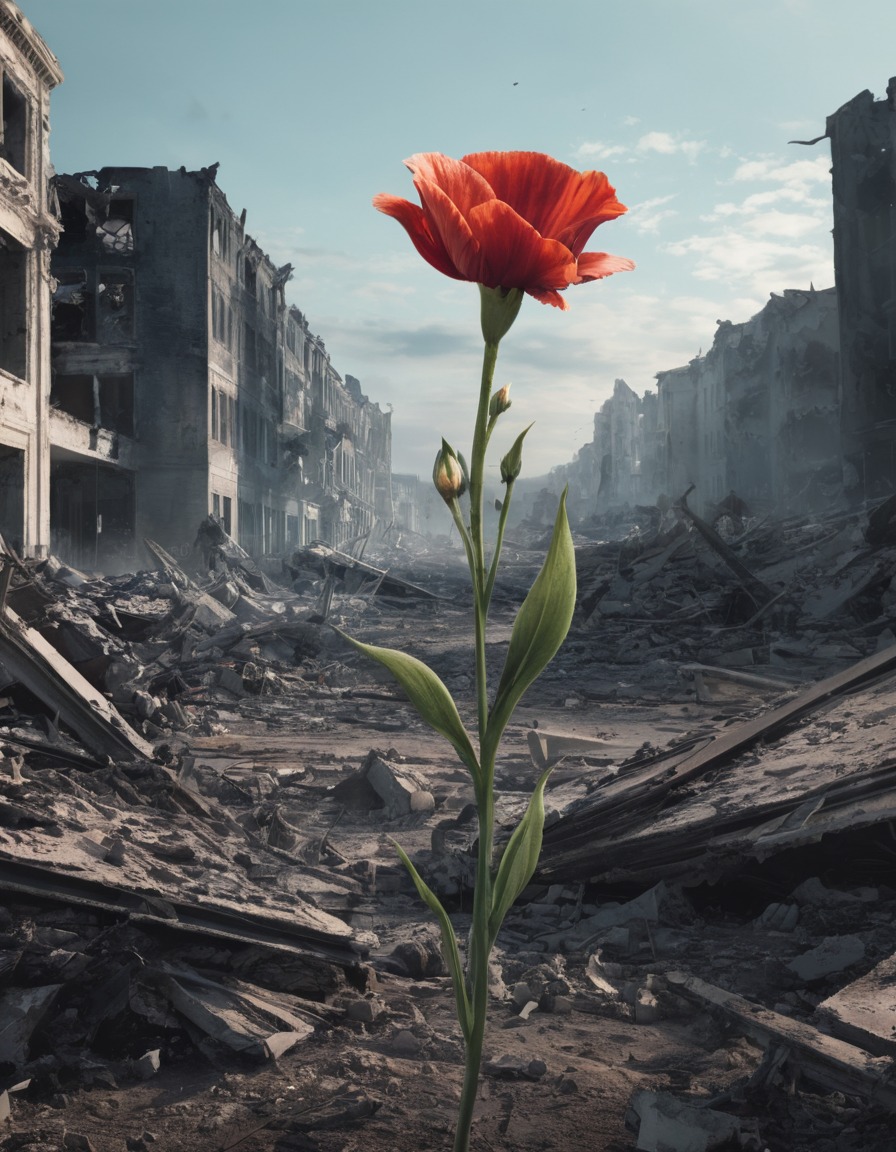 destruction, war, landscape, flower, hope