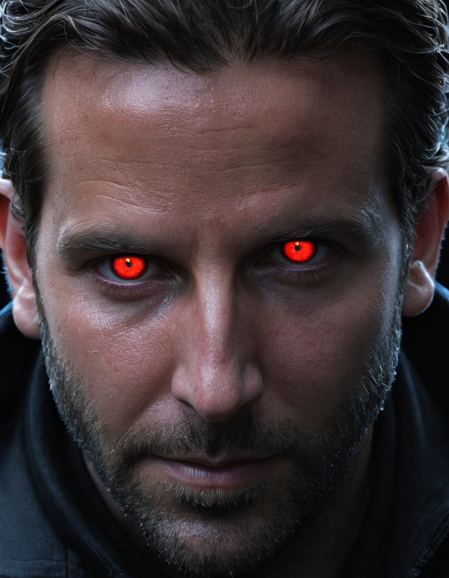 bradley cooper, celebrity, sinister, glowing eyes, transformation, digital art