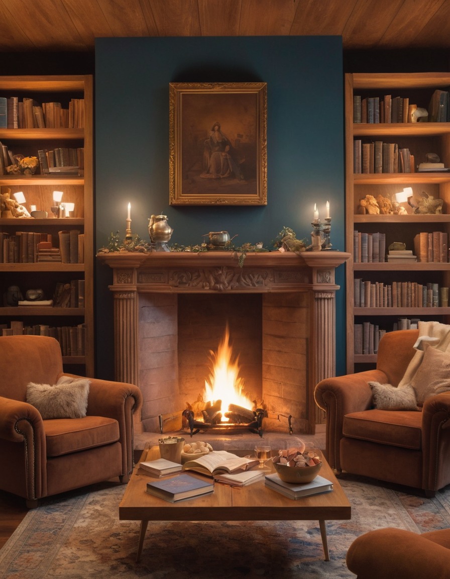 fireplace, armchairs, bookshelf, novels, souvenirs, home, interior