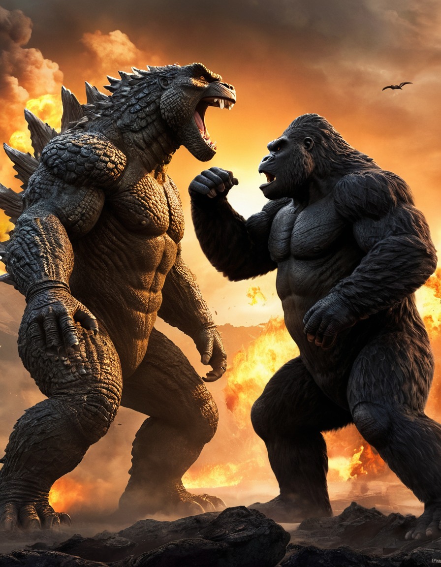 godzilla, king kong, battle, confrontation, suspense, kong