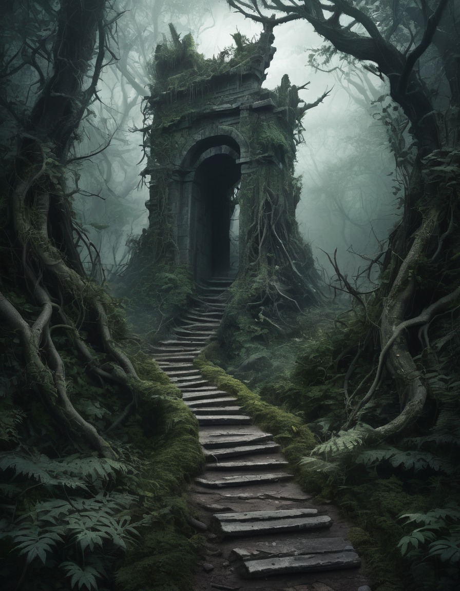 forest, path, thorn-covered, ancient ruins, mysterious, twisted, gothic, underground, dark