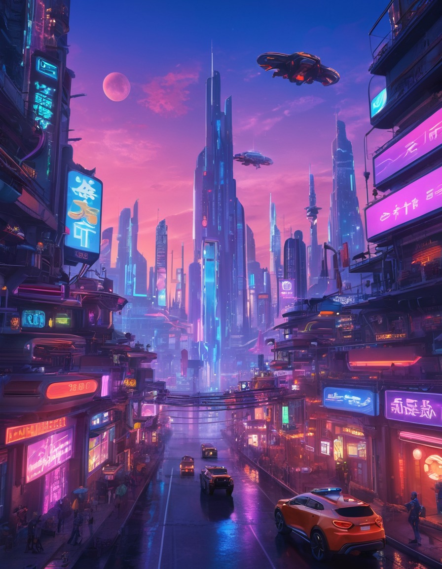 futuristic, cityscape, neon lights, hovering vehicles, lone cyborg, computer games