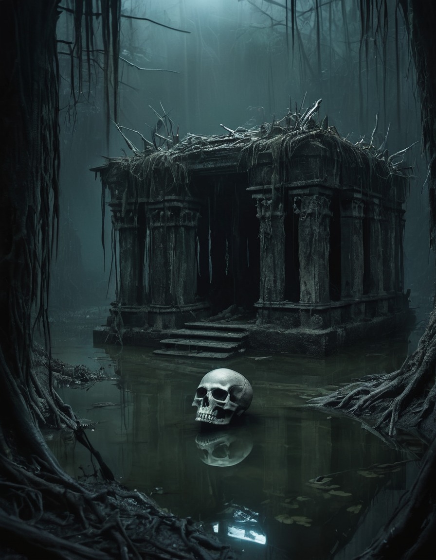 swamp, crypt, skeleton remains, eerie, gothic, underground, dark