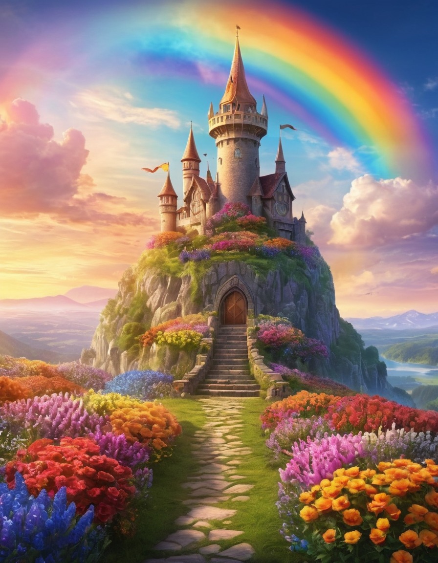 wizard, tower, fairies, elves, rainbow-colored flowers, celebration, fantastic