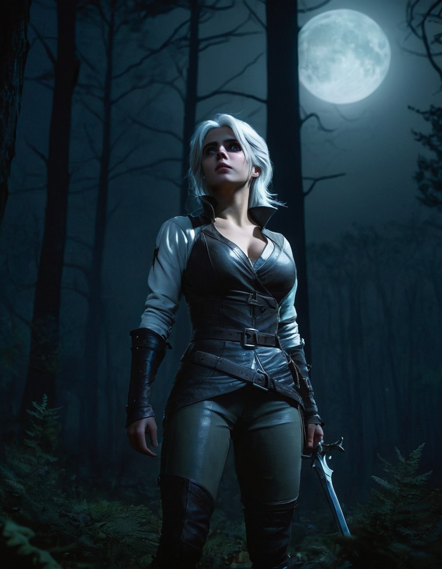 ciri, moonlight, forest, shadows, games, dark