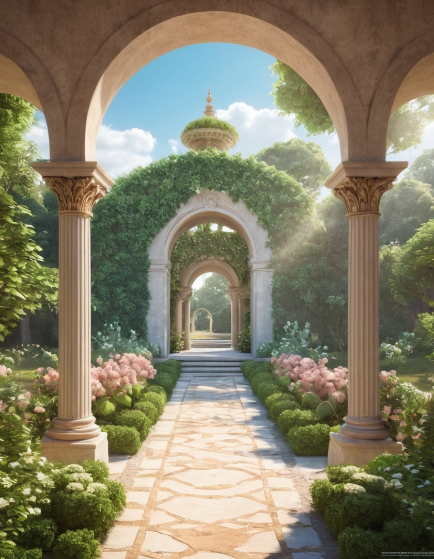 garden, archways, pillars, tranquility, peaceful