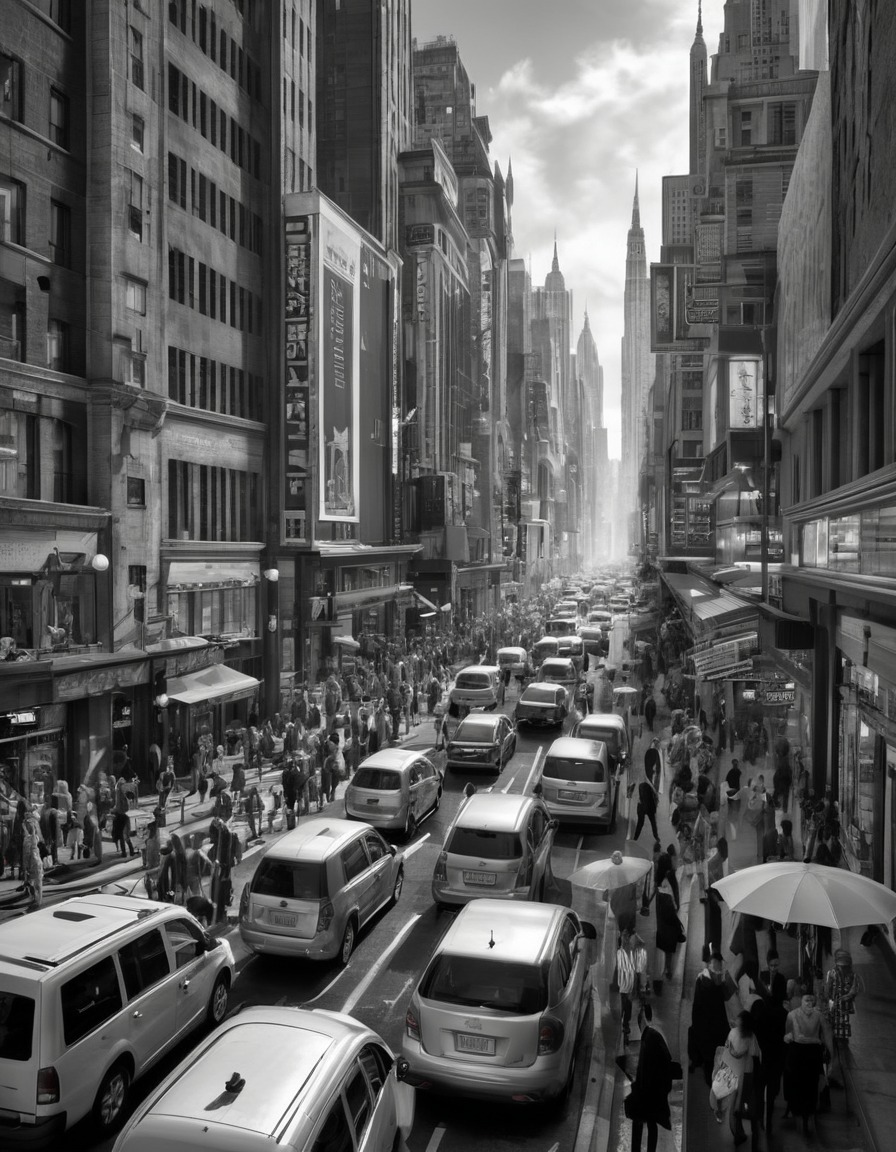 city life, urban, street scene, hustle and bustle, black and white