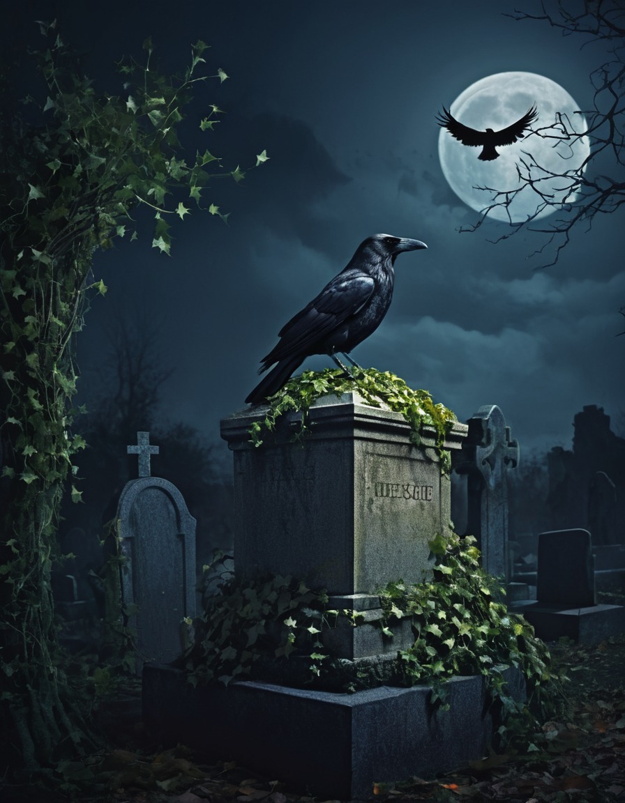 graveyard, crow, moonlit, ivy-covered, gothic, underground, dark