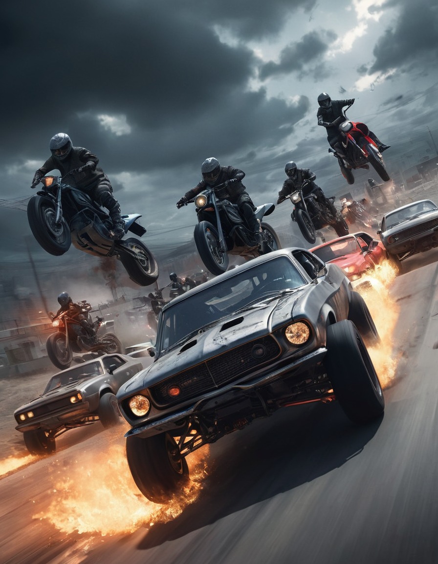 chase scene, motorcycles, modified cars, action-packed, danger, high speed, mad max