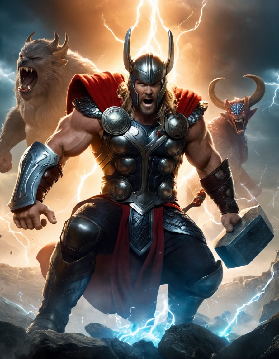 thor, epic, fight scene, monsters, mythology, norse god, marvel