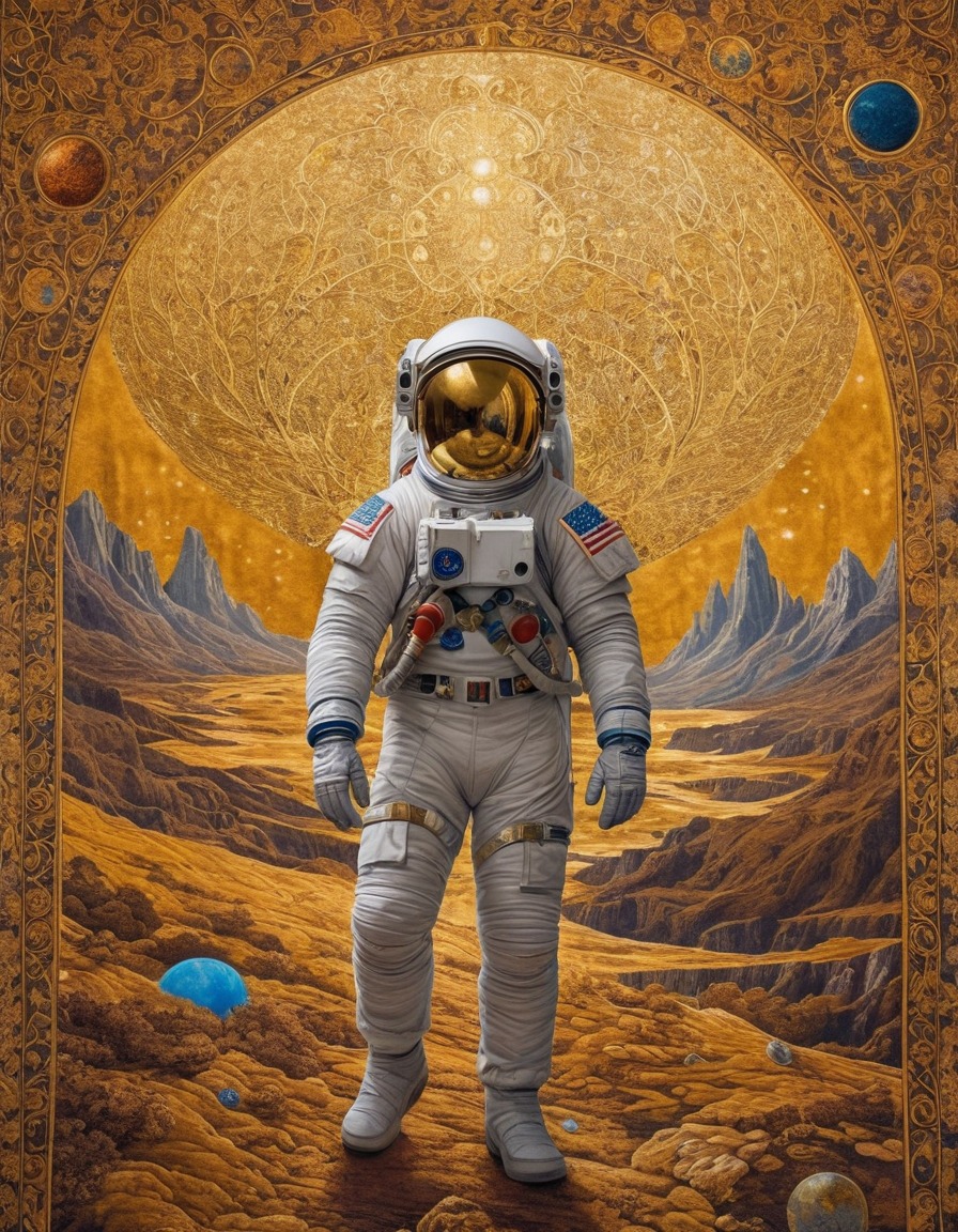 exploration, space, astronaut, medieval, tapestry, art