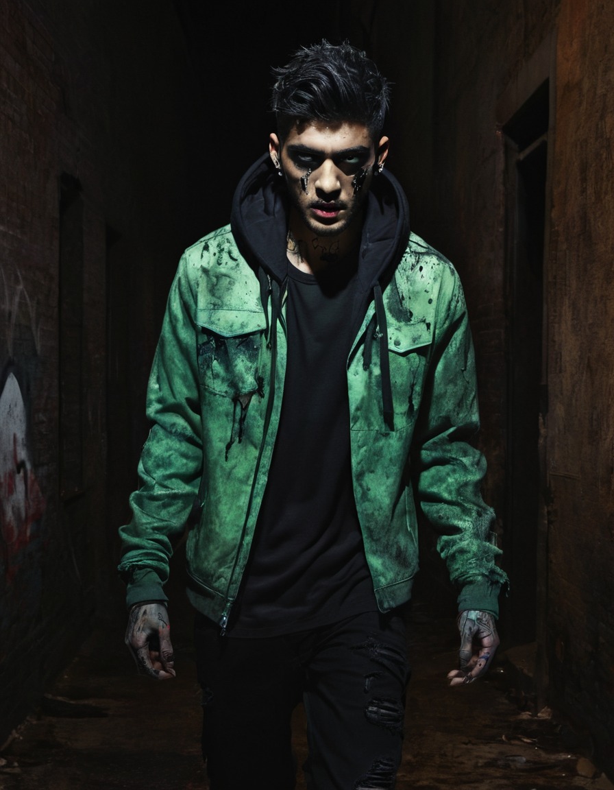 zayn malik, zombie, dark alley, glowing eyes, tattered clothes, celebrities