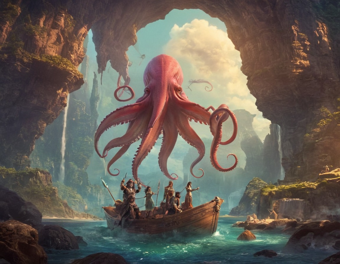 digitalart, octopus, dreamup, fantasyart, sea, boat, squid, dailychallenge, ai_art