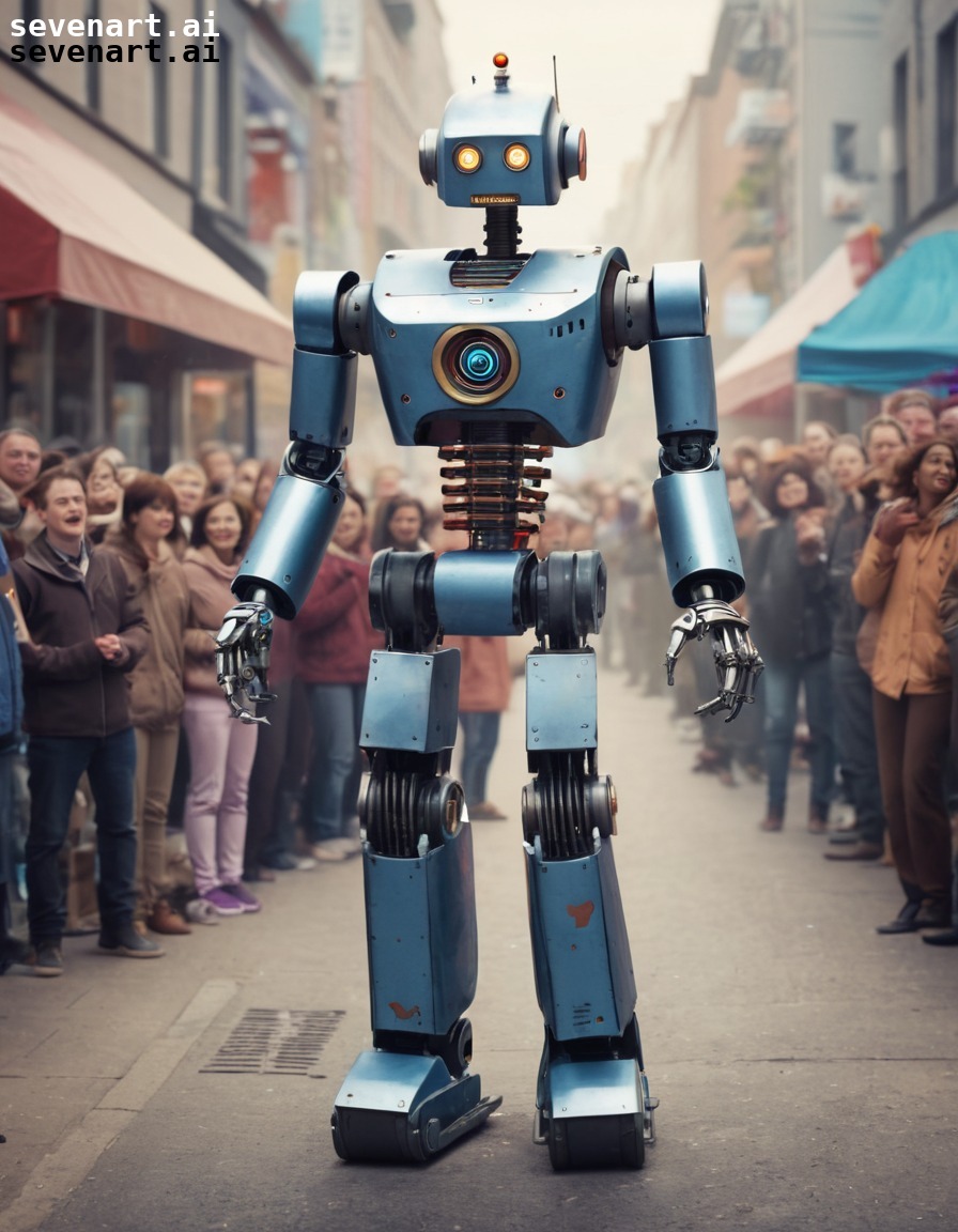 robot, street performer, entertainment, technology, audience, robots