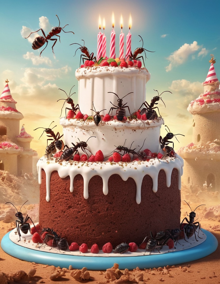 ants, giant birthday cake, battle, cake, insects, food, size difference