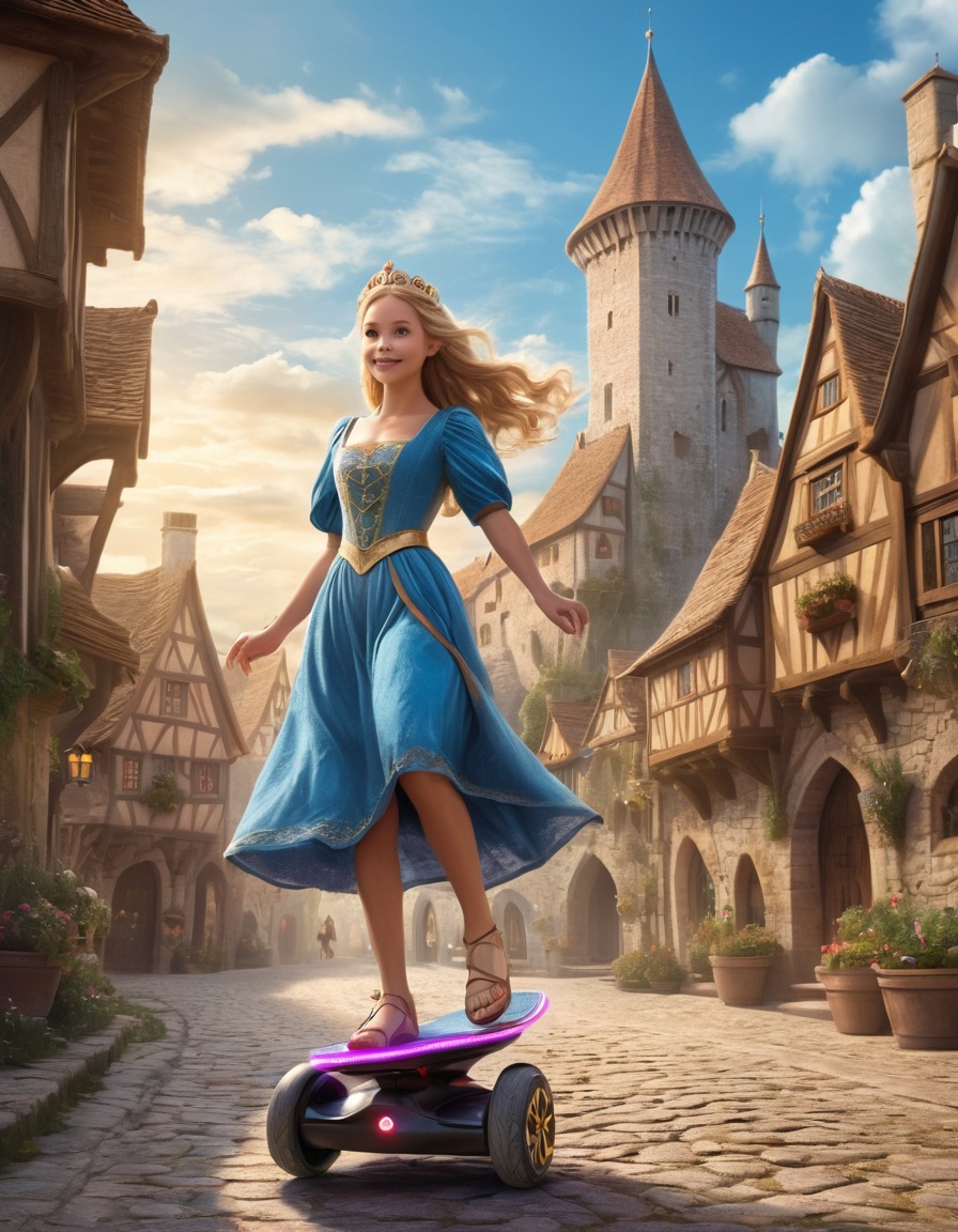 princess, hoverboard, medieval, village, fantasy, art