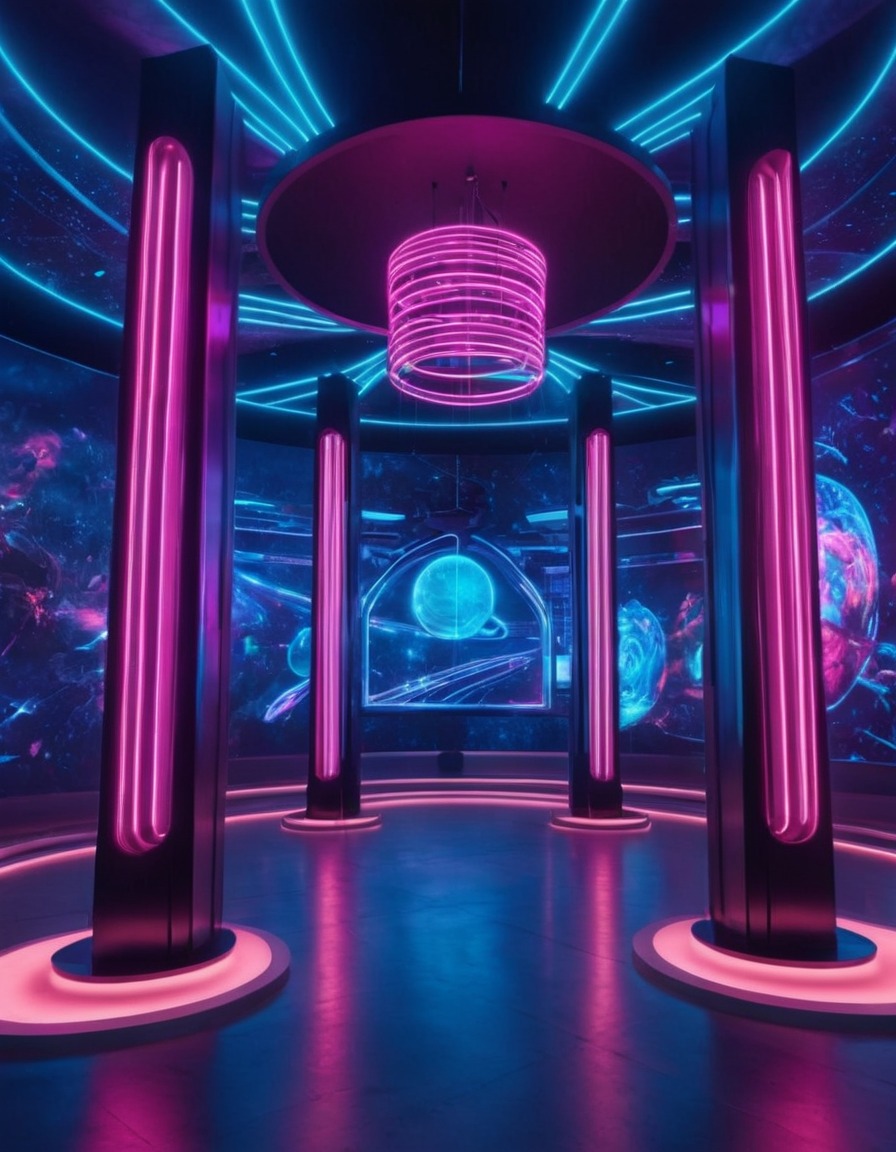 futuristic, art installation, interactive displays, neon lights