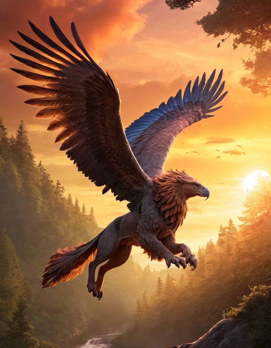 griffin, mystical forest, sunset, fantasy wildlife