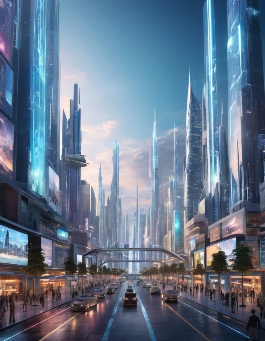 futuristic, holographic display, 3d simulation, cityscape, future