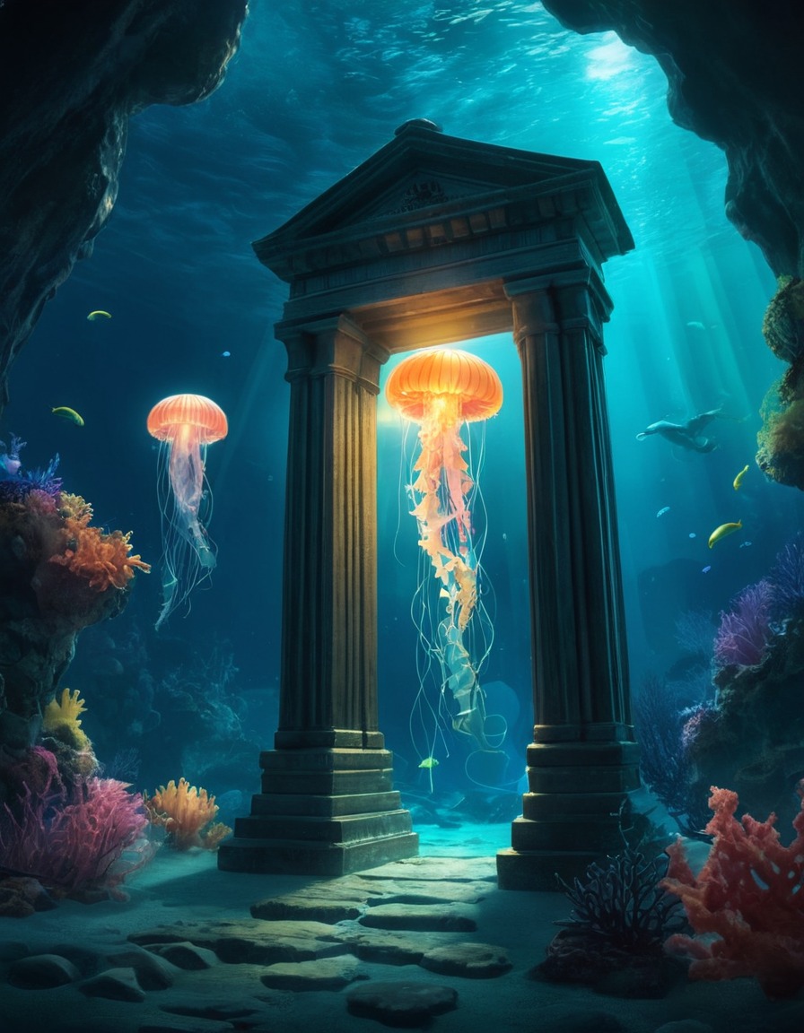 underwater, portal, jellyfish, lanterns, exploration, fantastic