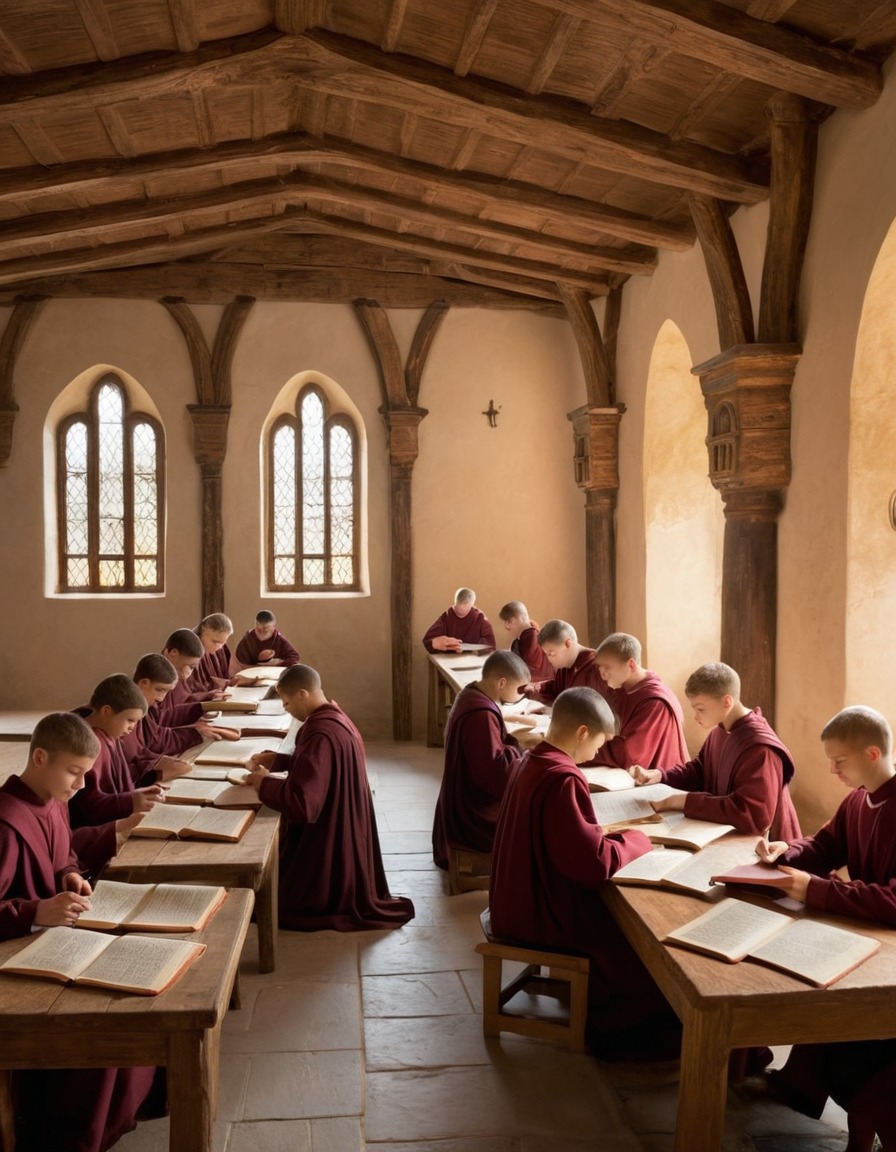 medieval europe, monastery school, 1100 ad, students, learning scripture, religious education