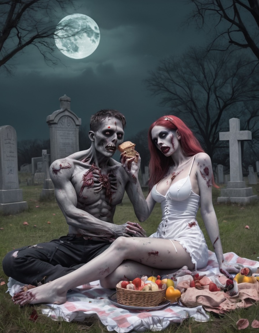 zombie, couple, romantic, picnic, graveyard, halloween