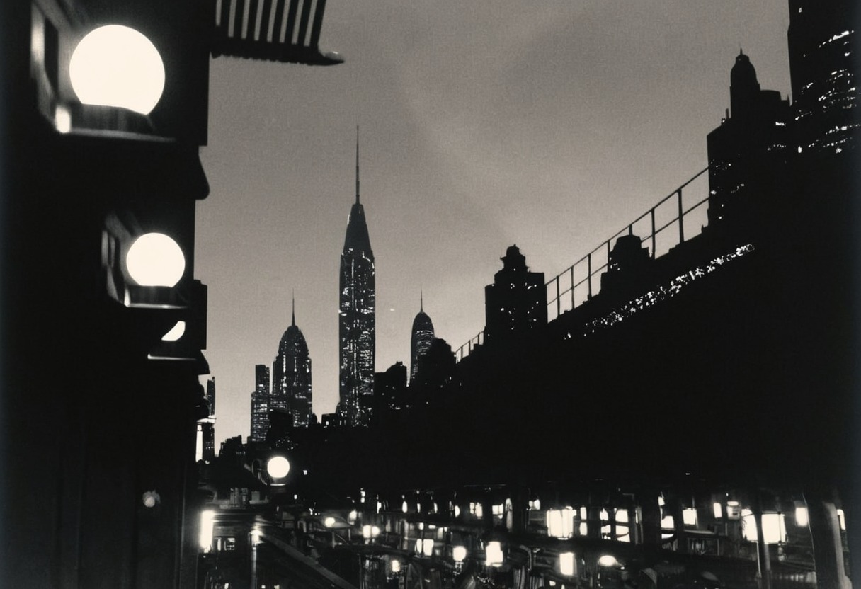 vintage new york, 1950s, elliott erwitt, nyc, nyc at night, glittering nyc, elevated tracks, city at night