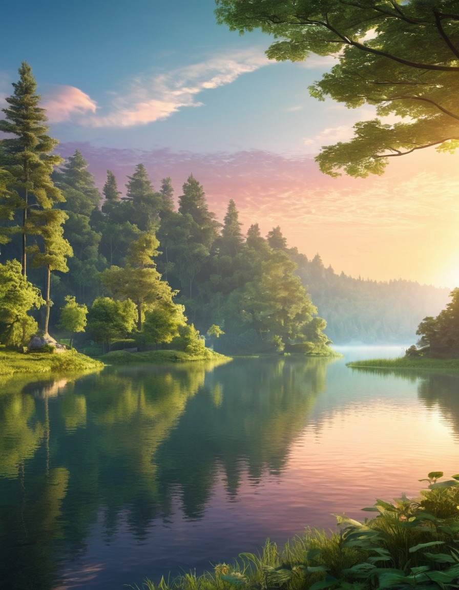 nature, sunrise, lake, forest, tranquility