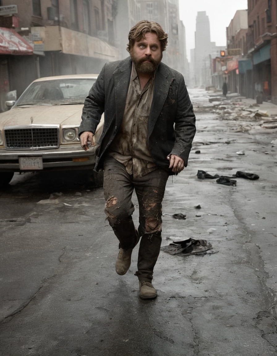 zach galifianakis, deserted city, tattered clothing, decaying skin, zombie, post-apocalyptic, abandoned street, celebrities